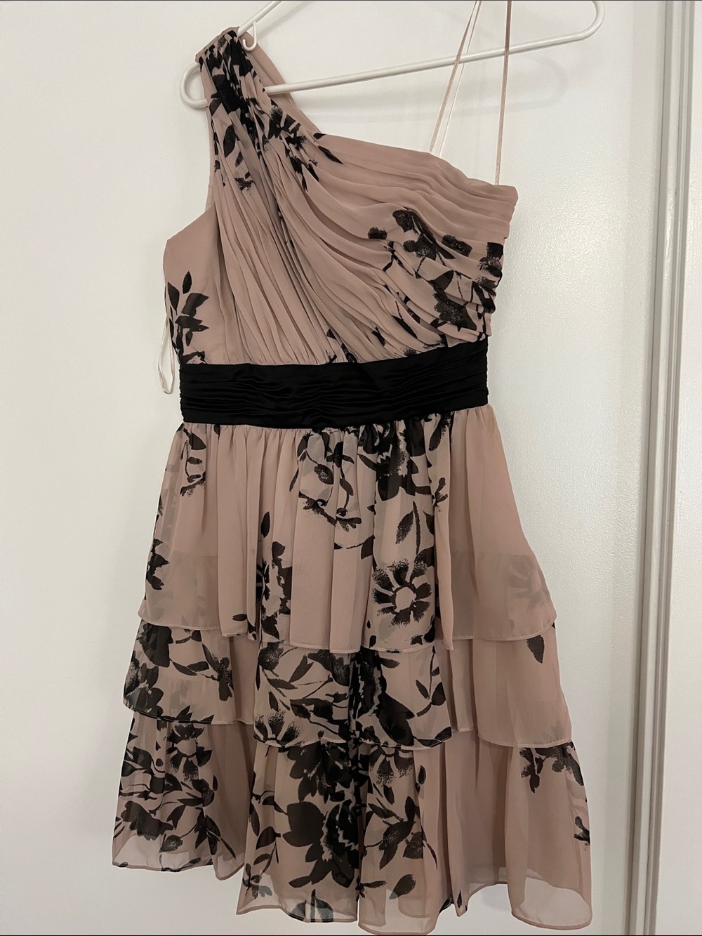 Max & Cleo Blush Pink and Black Floral One-Shoulder Tiered Dress